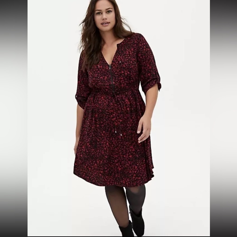Torrid Red A-Line Midi Dress with V-Neck and Cuffed Sleeves XXL heart Red - Picture 2 of 16